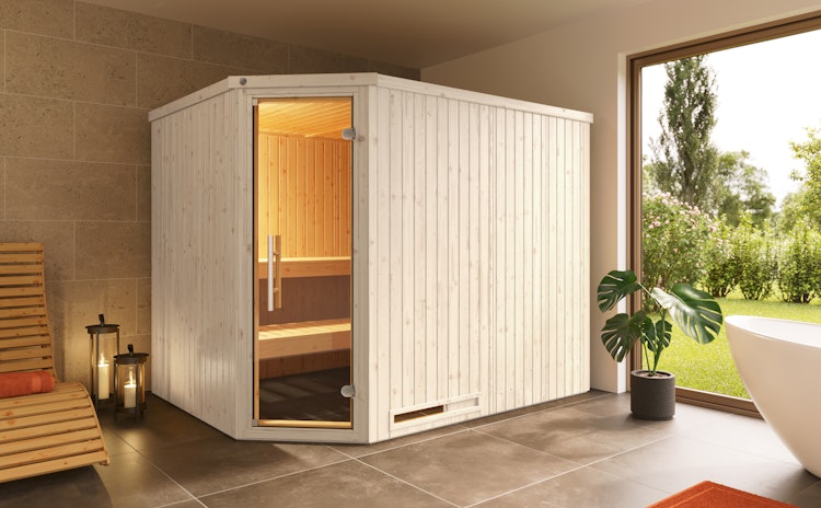 Weka Elementsauna Varberg 4 Trend Familiensauna mit Eckeinstieg & weiß lasierten Fronten - 68 mm