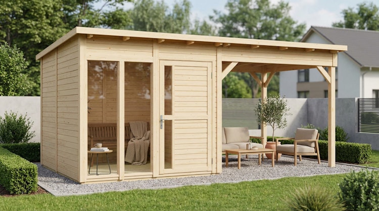 Bertilo Element-Gartenhaus Pentus 2 Office inkl. Lounge-Anbau - 19 mm