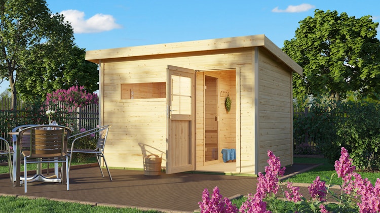 Karibu Saunahaus Skrollan 2 mit Vorraum naturbelassen inkl. gratis Sauna-Zubehörset im Wert von 234,94 €