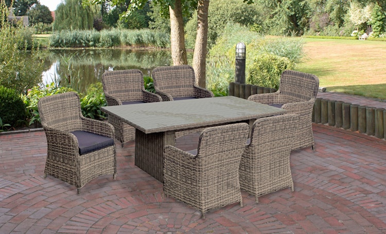 Garden Pleasure Gartenmöbel Set BORDEAUX II, Tisch 200 x 100 + 6 Sessel, Polyrattan Nelkenbraun / Glasplatte / Kissen 100 % Polyester Dunkelgrau