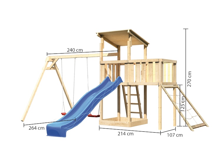 Akubi Kinderspielturm Anna mit Pultdach inkl. Doppelschaukel, Anbauplattform, Wellenrutsche und Netzrampe