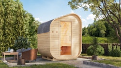 Karibu Saunahaus Fasssauna Asymmetrisch 1 - 38 mm inkl. gratis Sauna-Zubehörset im Wert von 234,94 €