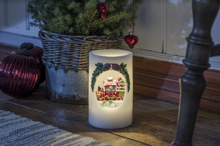 Konstsmide Weihnachtsbeleuchtung  LED Echtwachskerze Schneemann mit Zug