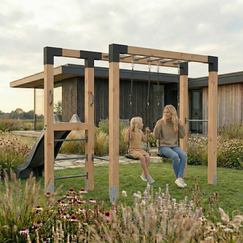 EXIT Holz-Monkeybar Linea Robust 110 mit Doppelschaukel, Rutsche und Reckstange