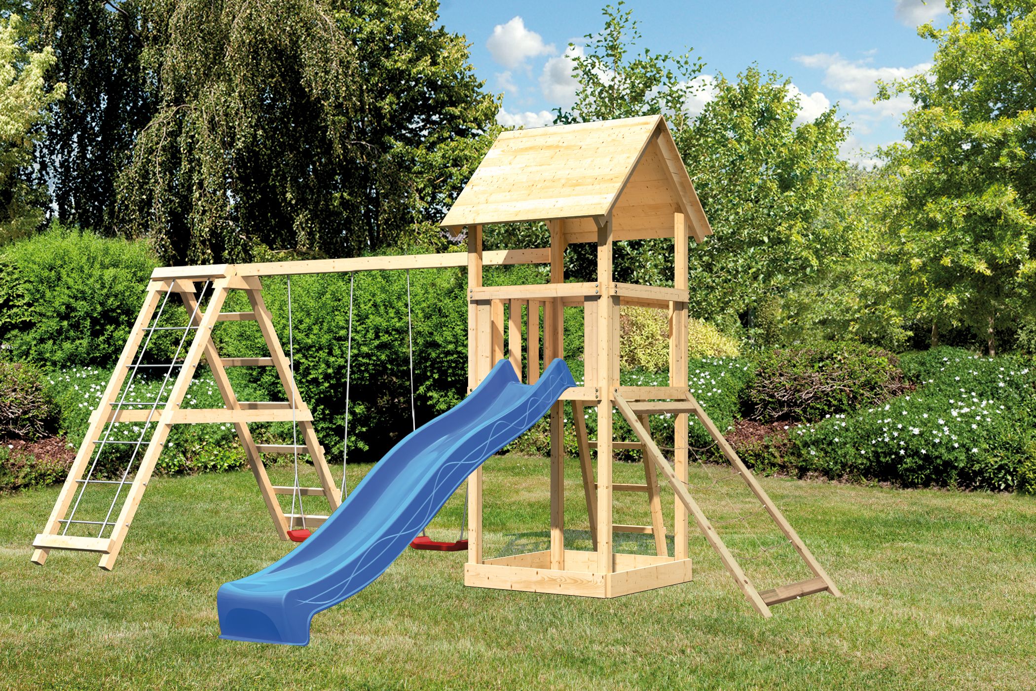 Akubi Kinderspielturm Lotti mit Satteldach inkl. Wellenrutsche, Doppelschaukelanbau, Klettergerüst und Netzrampe