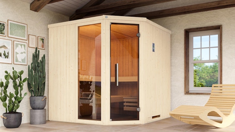 Weka Elementsauna Varberg 3 Trend Familiensauna mit Eckeinstieg & weiß lasierten Fronten - 68 mm