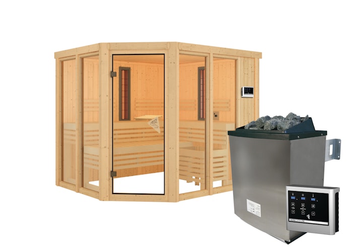 Karibu Multifunktions-Sauna Ava inkl. Infrarotstrahler mit Eckeinstieg 68 mm inkl. gratis Sauna-Zubehörset im Wert von 234,94 €