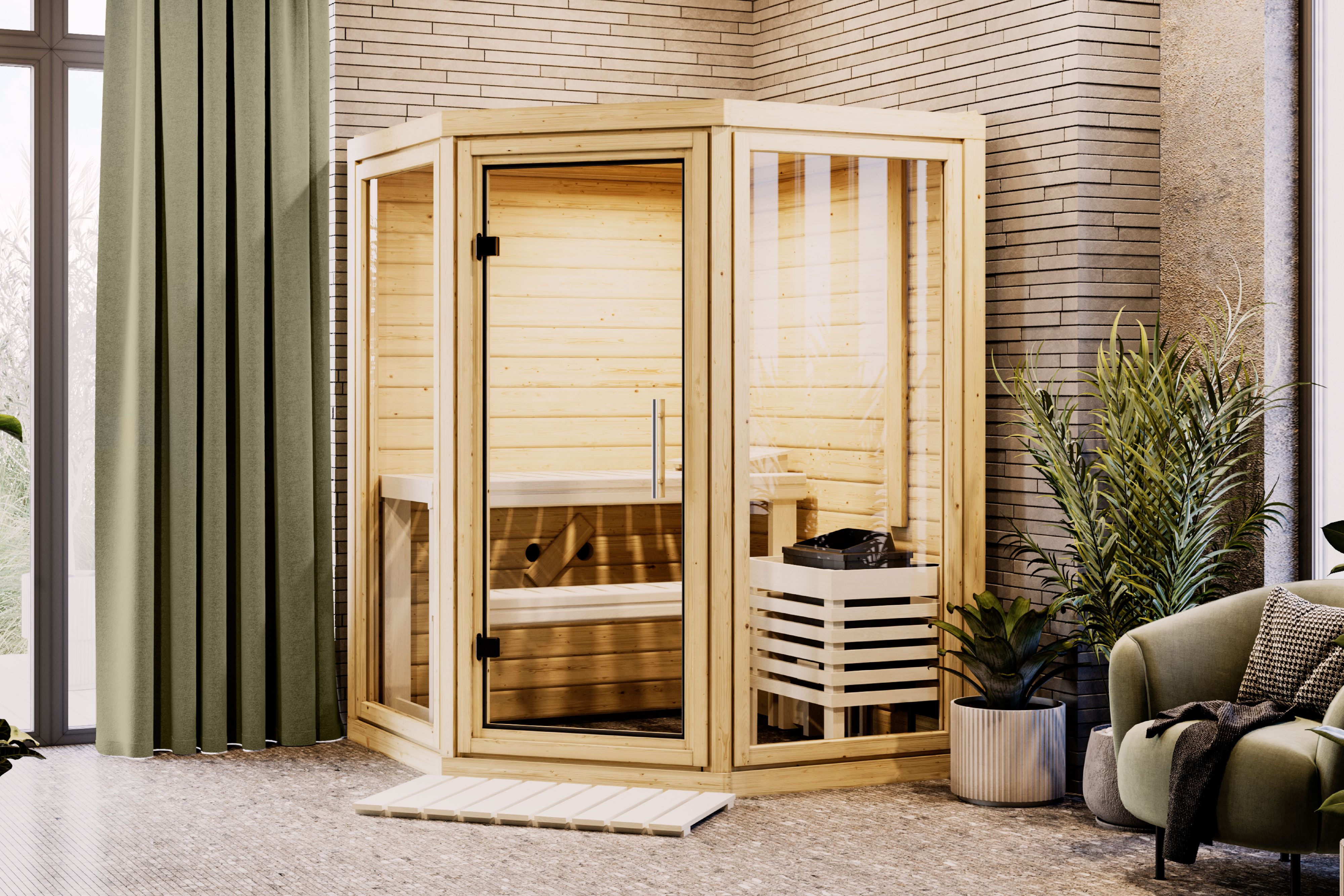 Karibu Sauna Yuma - Massivholzsauna mit Eckeinstieg 38 mm inkl. 5-teiligem Gratis-Zubehörpaket im Wert von 100 €