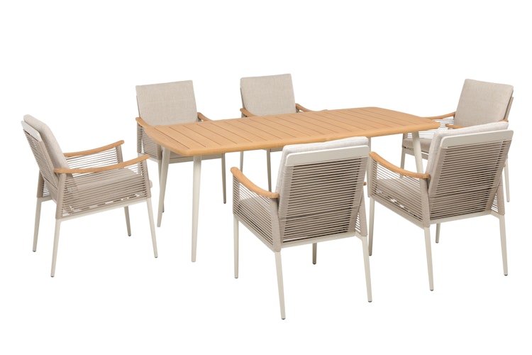 Garden Pleasure Gartenmöbel Set TULUM, Tisch 180 x 90 + 6 Sessel, Alu Sandbeige / Nonwood / Rope Beige / Kissen 100 % Polyester Beige