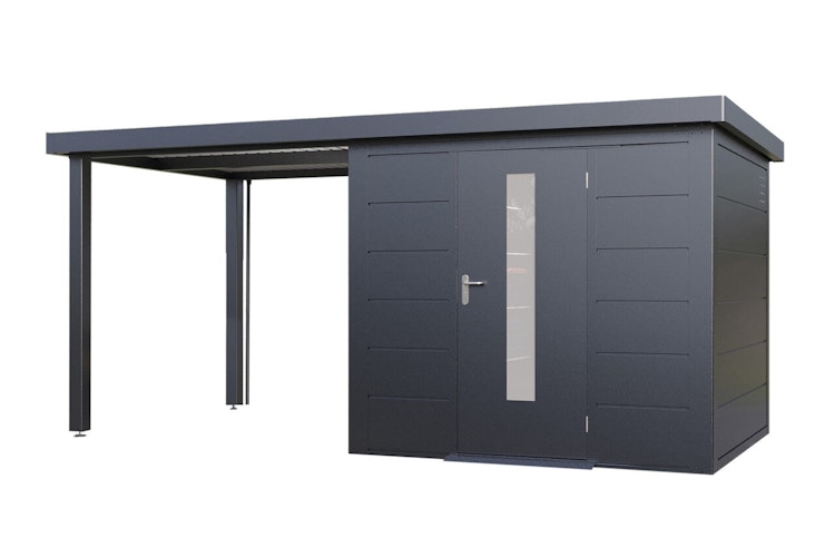 Wolff Finnhaus Premium Metall Gartenhaus Thorin 4824 Anthrazit inkl. 240 cm Anbaudach