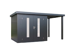 Wolff Finnhaus Premium Metall Gartenhaus Elvar 3924 Anthrazit inkl. 150 cm Anbaudach Lounge-Anbau rechts
