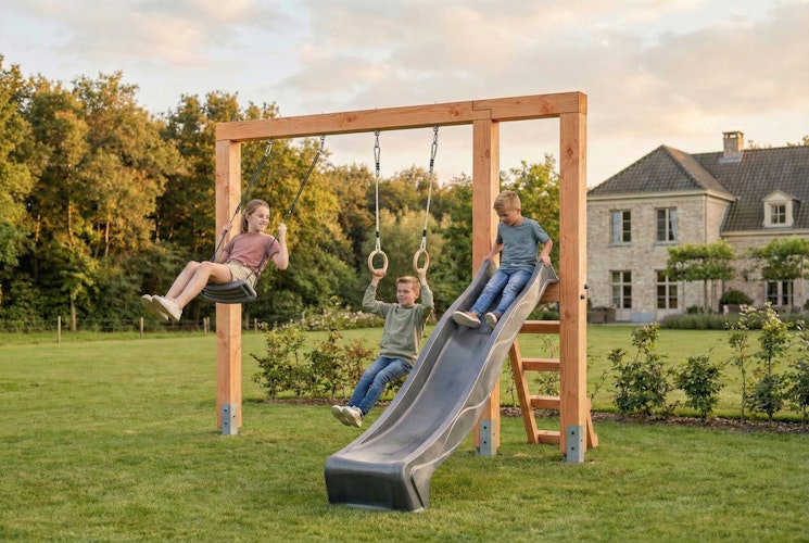 EXIT Linea Massiv 140 Holz-Schaukel mit Rutsche und Turnringen