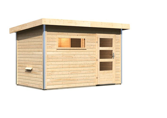 Karibu Gartensauna Pultdach Saunahaus Skrollan 1 mit Vorraum naturbelassen inkl. gratis Sauna-Zubehörset im Wert von 234,94 €