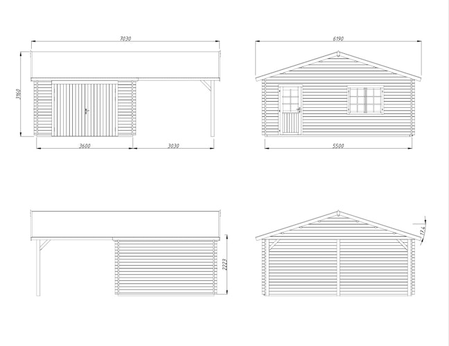 Palmako Garage Roger 19,0 + 16,2 m² - 44 mm - mit Holztor