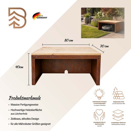 Badeko Mährobotergarage in Edelrostoptik mit Lärchenholzabdeckung H 35cm, B 80cm, T 70cm