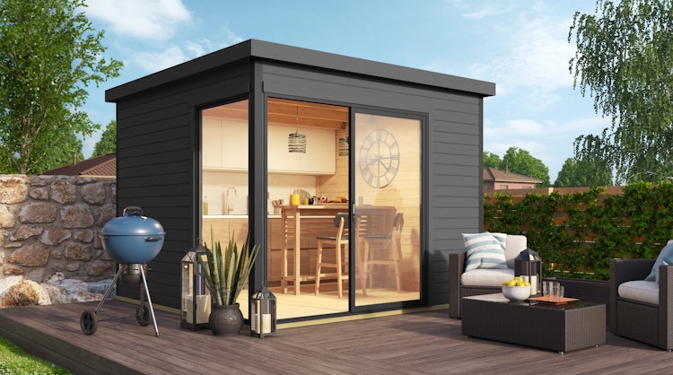 Designhaus 412 Gr. 1 mit Glasschiebetür (Homeoffice-Gartenhaus) - 44 mm