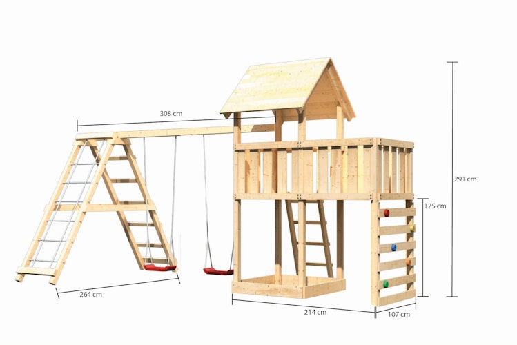 Akubi Kinderspielturm Lotti inkl. Doppelschaukel, Klettergerüst, Anbauplattform und Kletterwand