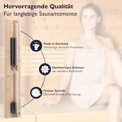 Liebenstein 7-teiliges Premium-Komplettset – Lärchenholz Saunaeimer mit Kelle, 3 x Sauna-Aufguss, Sanduhr & Hygro-/Thermometer
