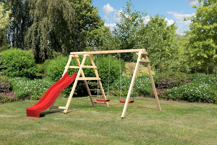 Akubi Kinderspielgerät Doppelschaukel Felix mit Klettergerüst und Rutsche