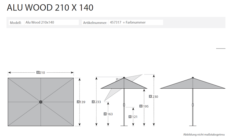 doppler Mittelmastschirm ALU WOOD 210 x 140 Auto-Tilt, Aluminium Esche-Optik / 100 % Polyester 180 g/m²