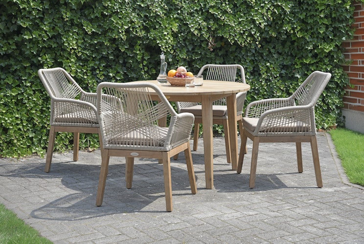 Garden Pleasure Gartenmöbel Set ARVADA / POMONA, Tisch Ø 110 + 4 Sessel, Akazie / Rope / Kissen 100 % Polyester