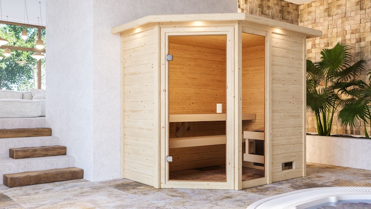 Karibu Woodfeeling Sauna Jada - 38 mm Massivholz Aktionssauna inkl. gratis Sauna-Zubehörset im Wert von 234,94 €