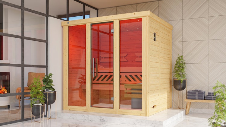 Weka Premium Massivholz-Elementsauna Kemi Panorama 2 mit Glastür+2 Fenster und Sternenhimmel - 45 mm