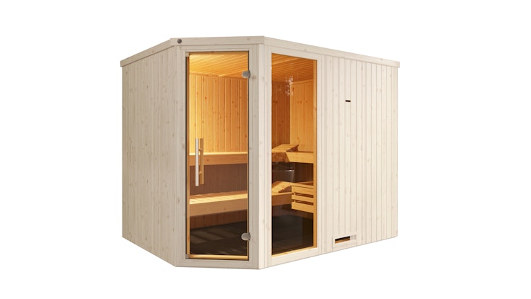 Weka Elementsauna Varberg 4 Trend Familiensauna mit Eckeinstieg & weiß lasierten Fronten - 68 mm