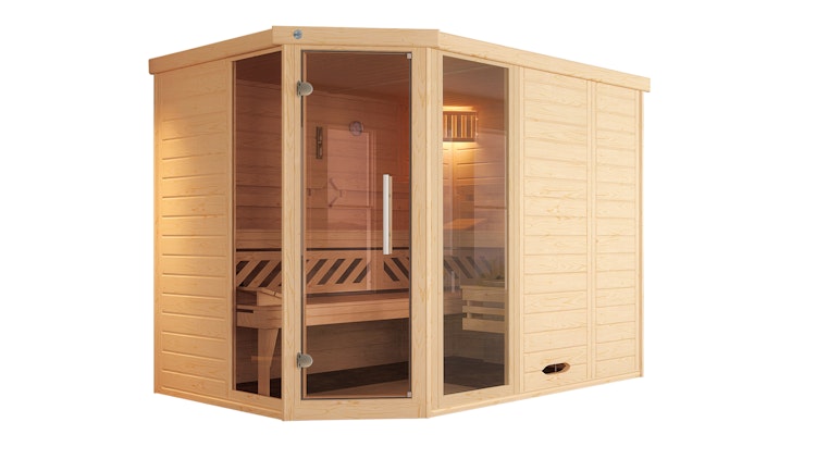 Weka Premium Massivholz-Elementsauna Kemi Eck 2 mit Glastür/Fenster inkl. Komfortpaket - 45 mm