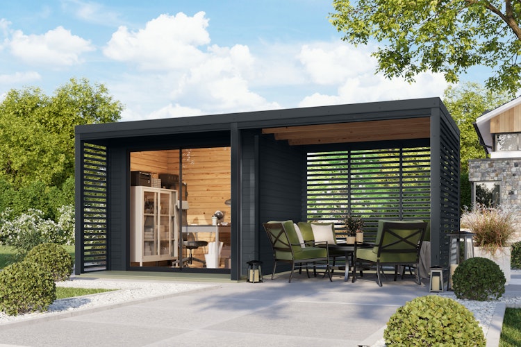 Karibu Design Gartenhaus Saturn A/B mit Aluminium Schiebetüre & Blechpaket - 38 mm