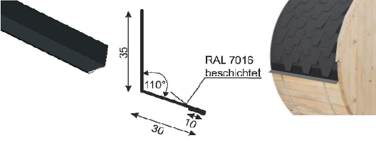 Tropfkante für  Saunafässer als Abschluss der Schindeleindeckung