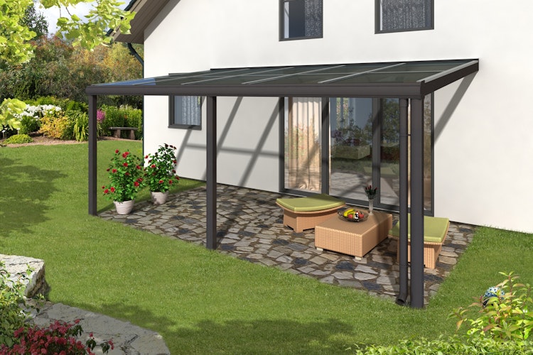 Skan Holz Aluminium Terrassenüberdachung Monza Breite 434 cm mit Echtglas-Dach