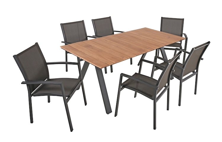 Garden Pleasure Gartenmöbel Set DAVINA / ELENA 06, Tisch 180 x 90 +  6 Stapelsessel, Aluminium / Teak / Kunststoffgewebe