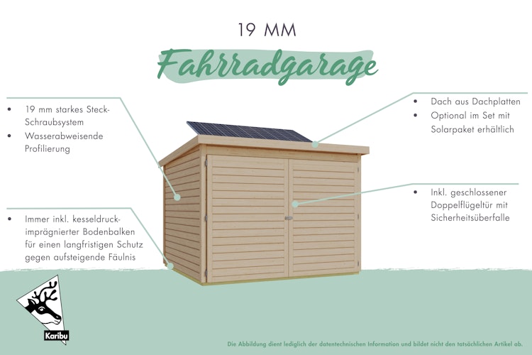 Karibu Fahrradgarage 3/4 inkl. Fahrradschienen (für 3 oder 4 Fahrräder) - 19 mm - mit Solarpaket