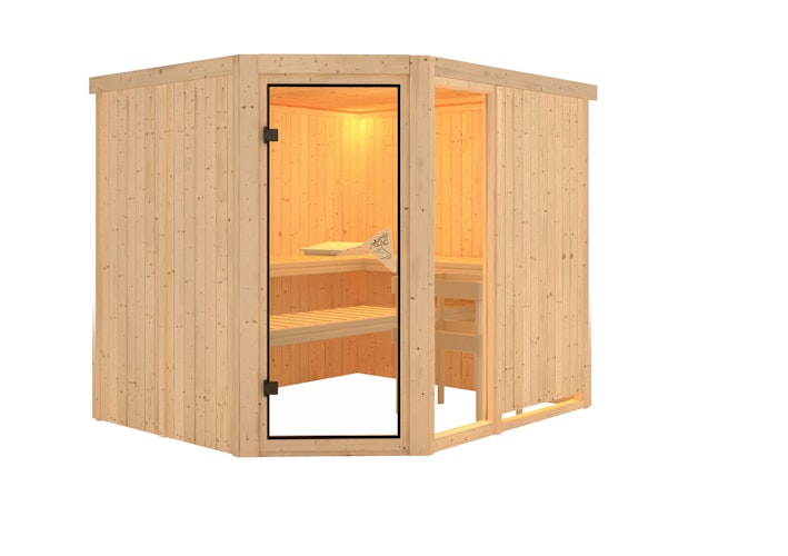 Karibu Sauna Fiona 3 mit Eckeinstieg 68 mm inkl. gratis Sauna-Zubehörset im Wert von 234,94 €