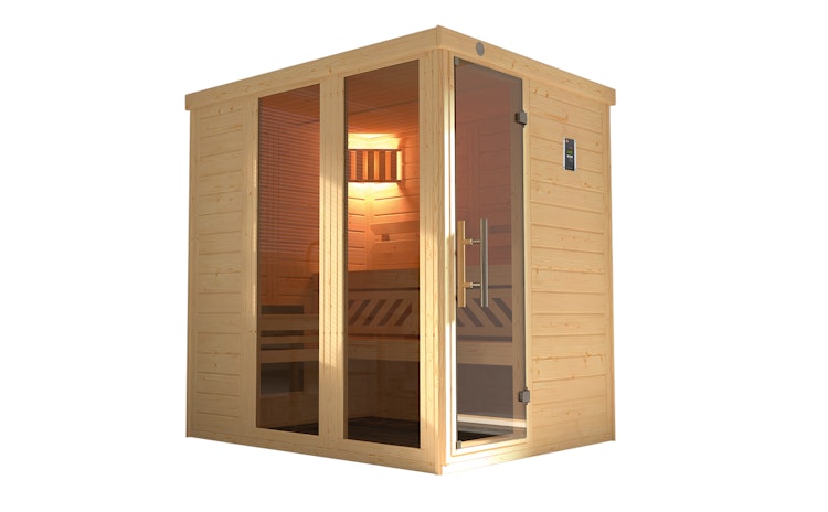 Weka Premium Massivholz-Elementsauna Kemi Panorama 1 mit Glastür+2 Fenster und Sternenhimmel - 45 mm