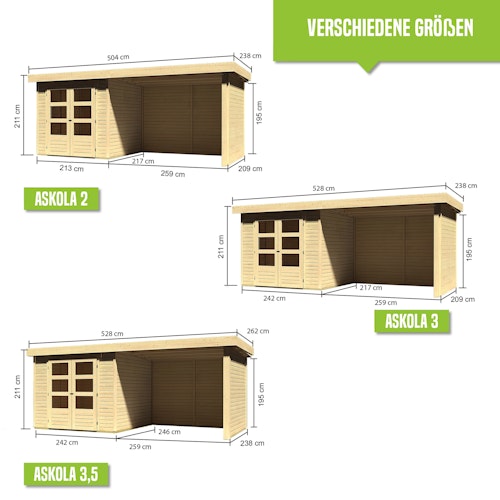 Karibu Woodfeeling Gartenhaus Askola 2/3/3,5/4/5 m. 275 cm Schleppdach/Seiten- und Rückwand in Lamellenoptik