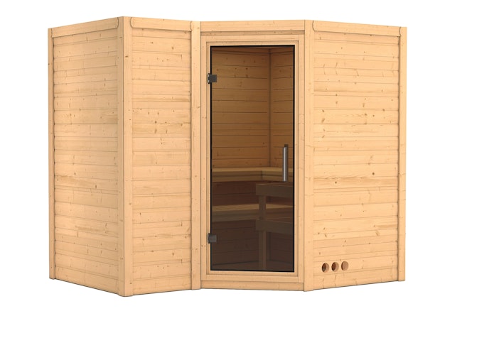 Karibu Sauna Sahib 2-Massivholzsauna 38 mm -Eckeinstieg - Exklusivoptik inkl. gratis Sauna-Zubehörset im Wert von 234,94 €