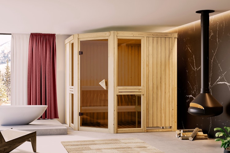 Karibu Amelia 2 - Sauna mit Eckeinstieg 68 mm inkl. gratis Sauna-Zubehörset im Wert von 234,94 €