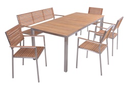 Garden Pleasure Gartenmöbel Set DALLAS / DENVER 01, Tisch 200 x 90 + Bank + 4 Stapelsessel, Edelstahl / Teak