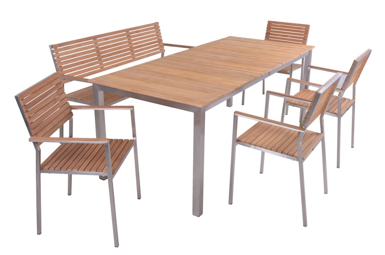 Garden Pleasure Gartenmöbel Set DALLAS / DENVER 01, Tisch 200 x 90 + Bank + 4 Stapelsessel, Edelstahl / Teak