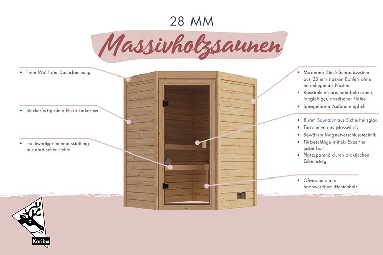Karibu Sauna Valida  (Eckeinstieg) - 28 mm Massivholz Aktionssauna 230 Volt Plug & Play