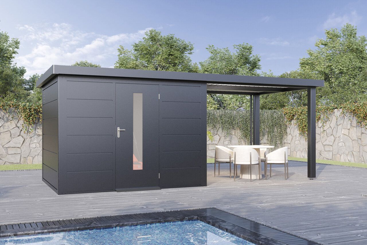 Wolff Finnhaus Premium Metall Gartenhaus Thorin 5924 Anthrazit inkl. 300 cm Anbaudach (Modell 2026)