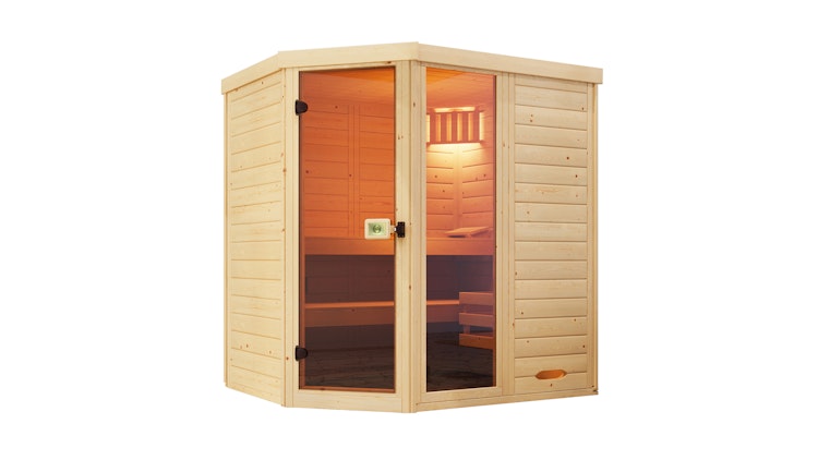 Weka Massivholz-Elementsauna Laukkala 2 mit Glastüre+Fenster - 38 mm mit Eckeinstieg
