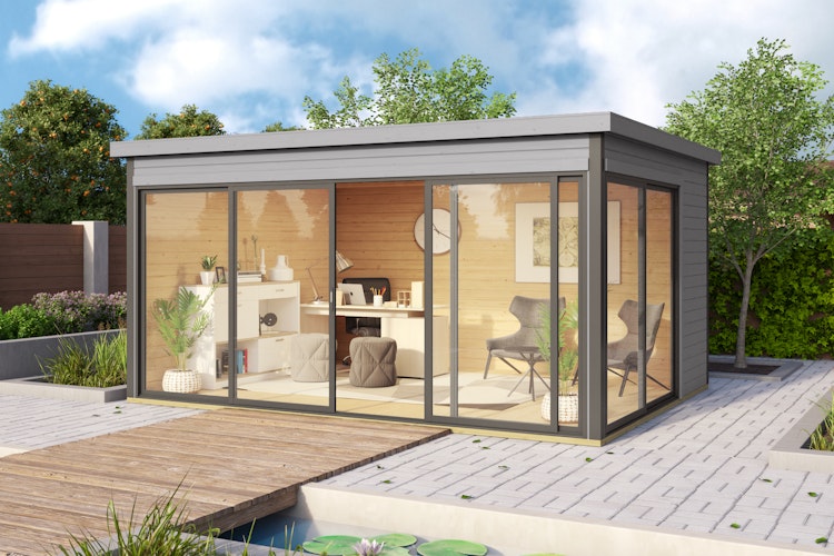 Designhaus 412 Gr. 2 mit Glasschiebetür (Homeoffice-Gartenhaus) - 44 mm