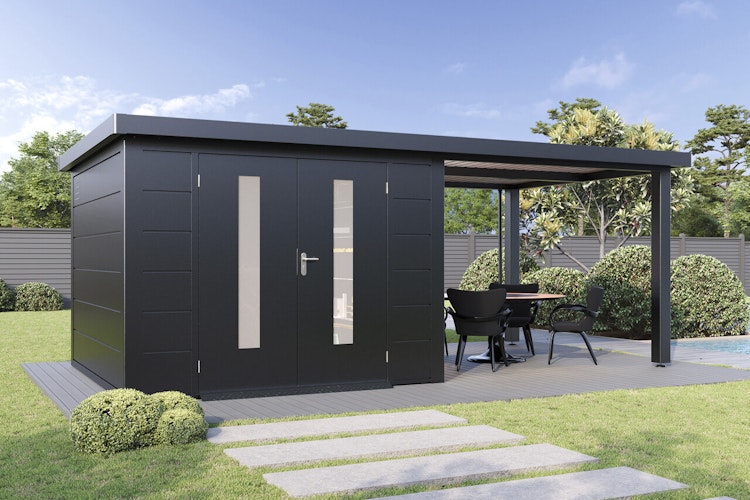 Wolff Finnhaus Premium Metall Gartenhaus Elvar 6030 Anthrazit inkl. 300 cm Anbaudach