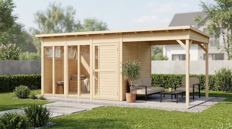 Bertilo Element-Gartenhaus Pentus 3 Office inkl. Lounge-Anbau - 19 mm