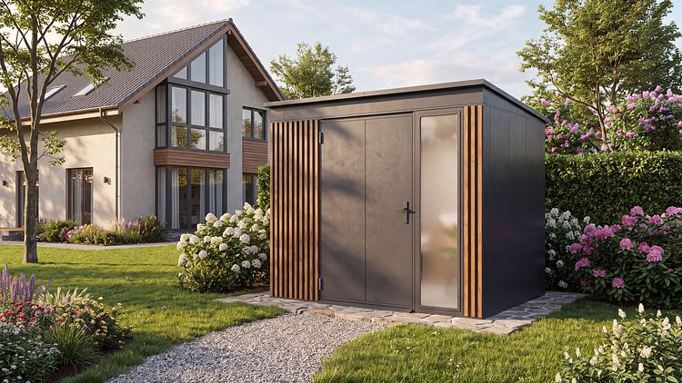 Weka Design Metallgerätehaus Gary anthrazit mit Holzoptik-Lamellen