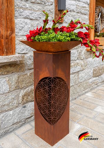 Badeko Säule ,,Lebensblume“ inkl. Schale & Außenbeleuchtung in Edelrostoptik