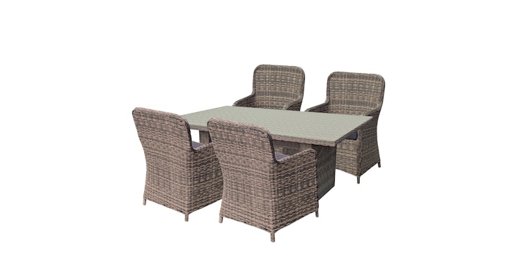 Garden Pleasure Gartenmöbel Set BORDEAUX I, Tisch 200 x 100 + 4 Sessel, Polyrattan Nelkenbraun / Glasplatte / Kissen 100 % Polyester Dunkelgrau